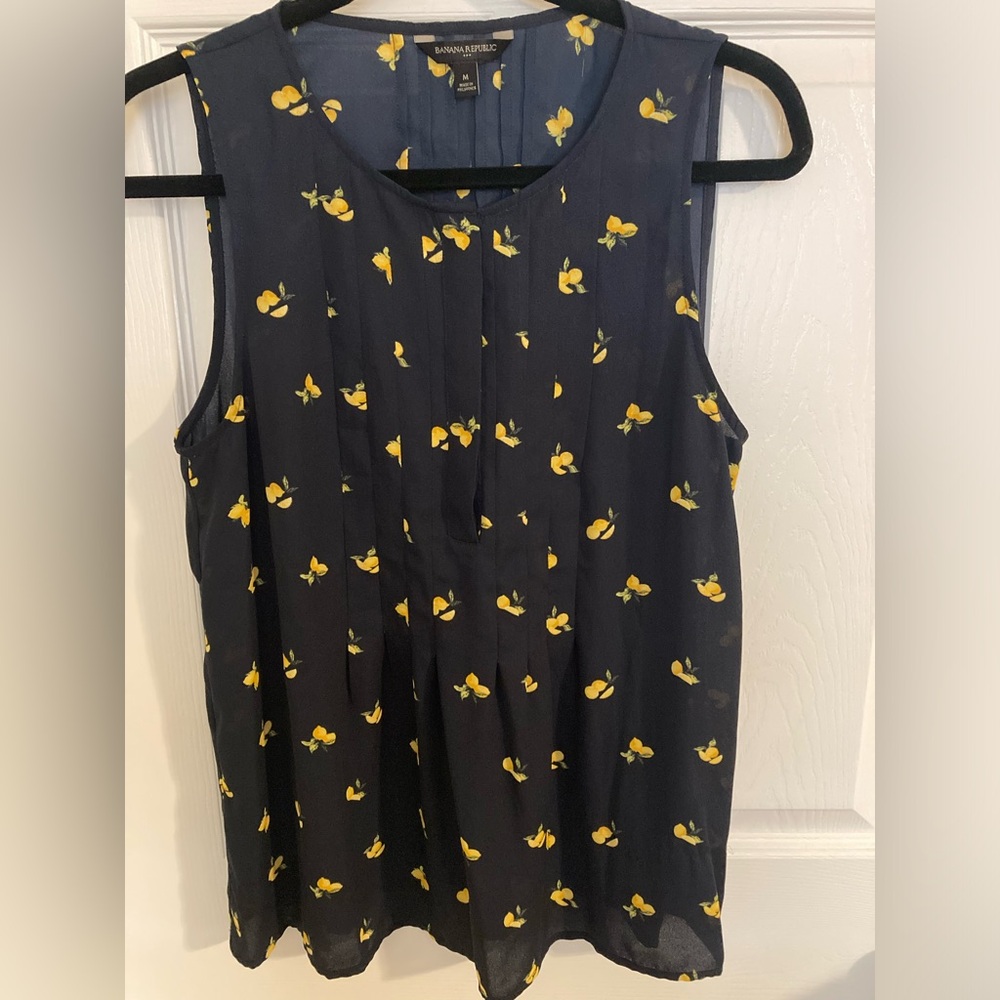 Banana Republic Navy Blue Tank With Lemon Print Sleeveless Sheer Flowy Top